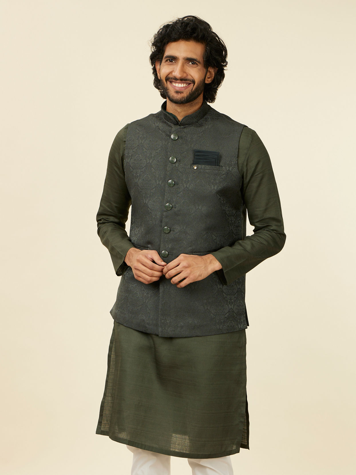 alt message - Manyavar Men Dark Green Victorian Patterned Nehru Jacket image number 0